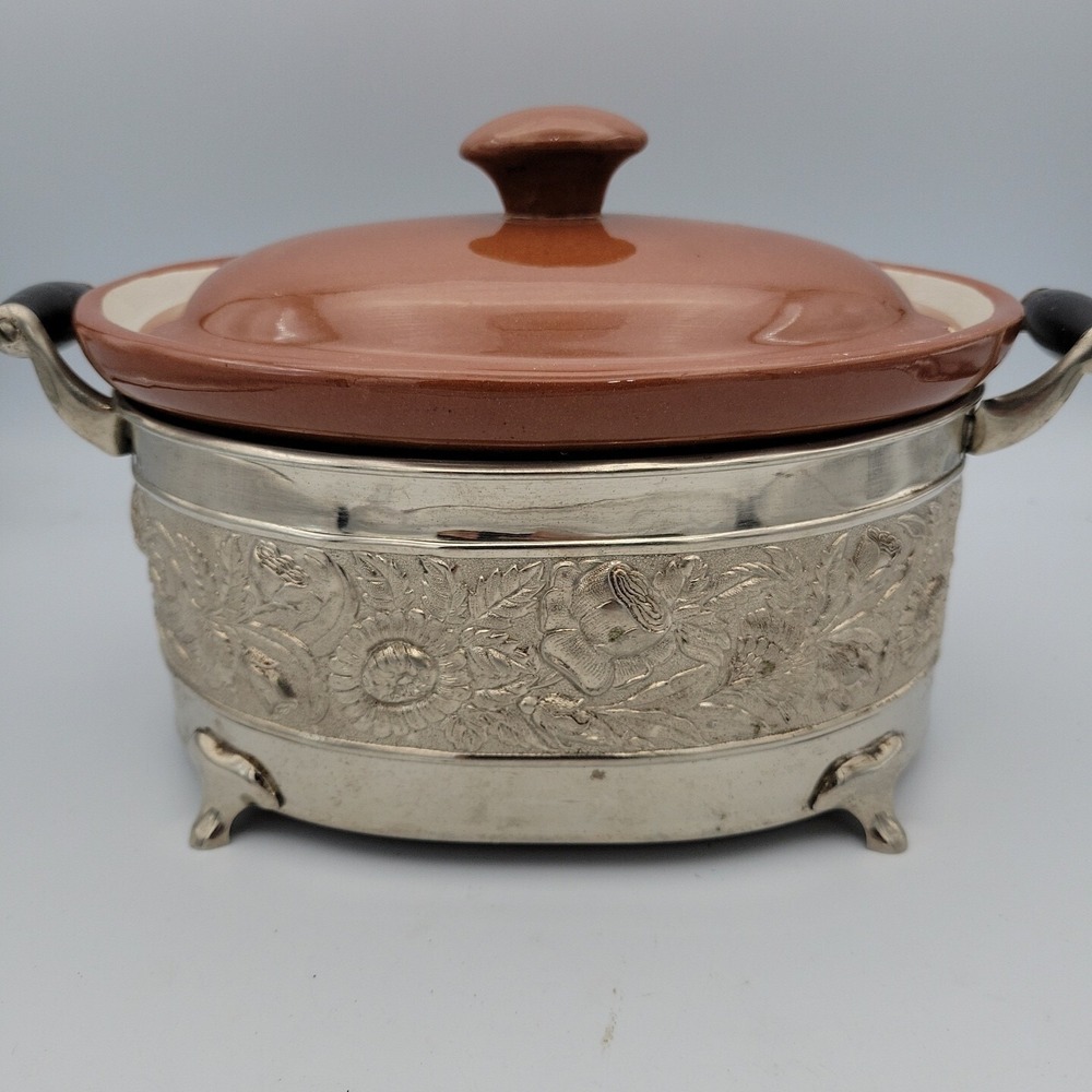 Vintage Crockery Oval Pot with Lid and Ornate Brass Stand with Handles